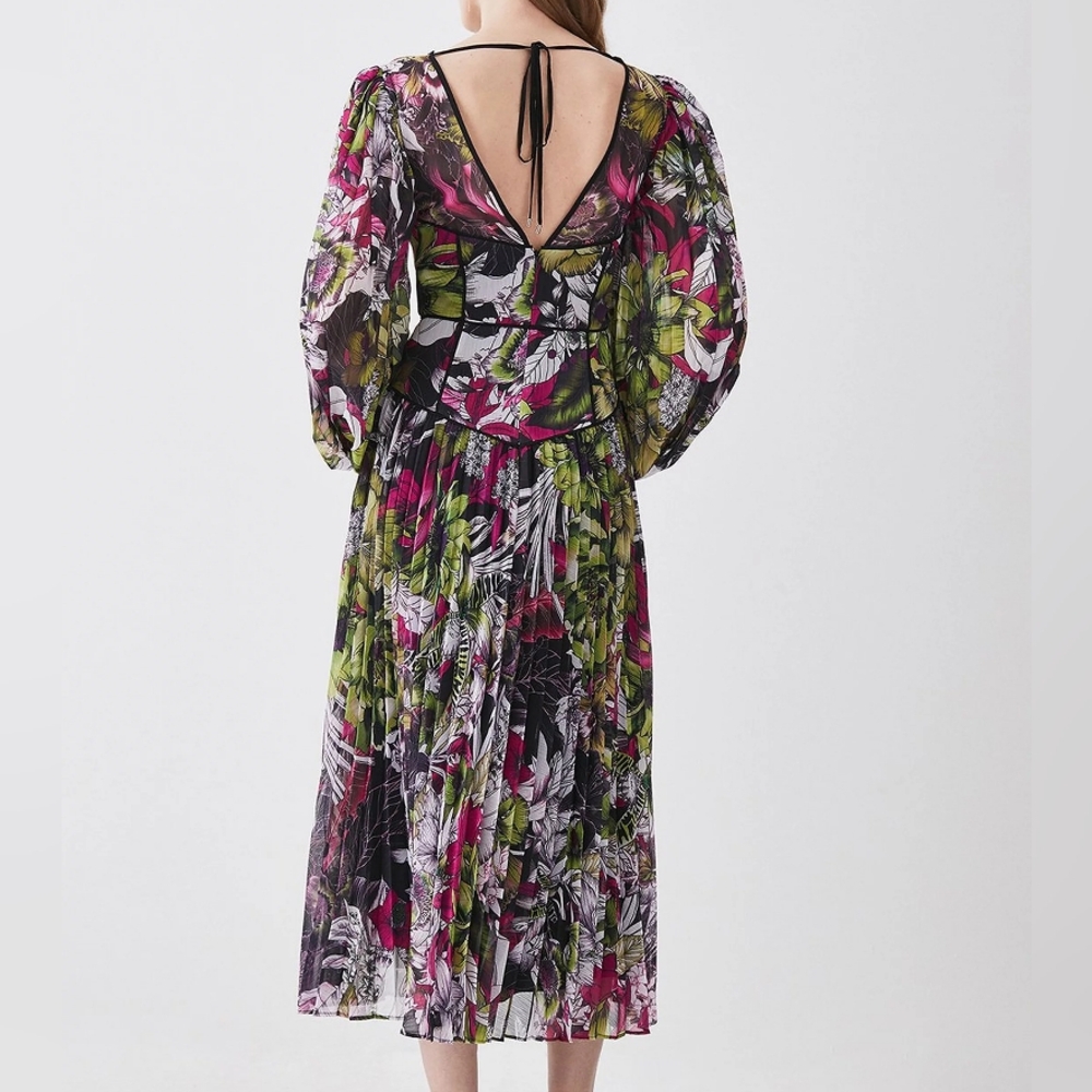 Karen Millen CORSET DETAIL FLORAL PLEATED WOVEN MAXI DRESS Sz 8